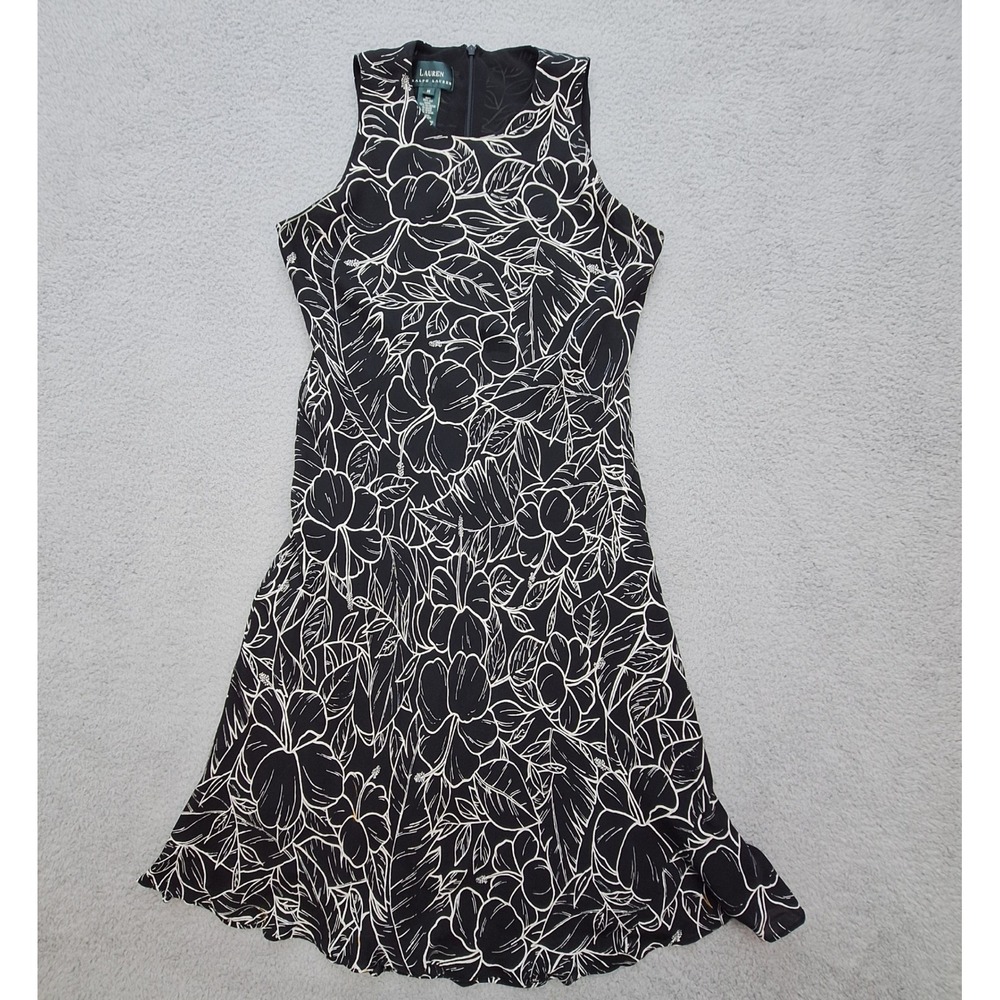 Lauren Ralph Lauren Midi Dress Womens Medium Black Floral Botanical‎ Silk